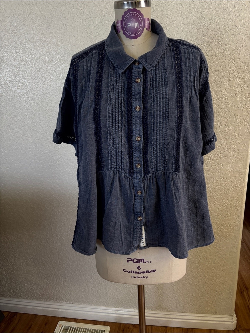 Lucky Brand Navy Short Sleeve Button-Front Shirt with Pintuck Detail